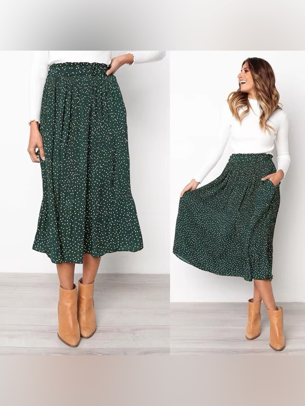 Smocked Waist Green Polka Dot Midi Skirt - Women's Flowing A-Line